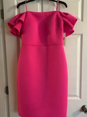 Eliza J Off-the-Shoulder Ruffle Sheath Dress in Hot Pink